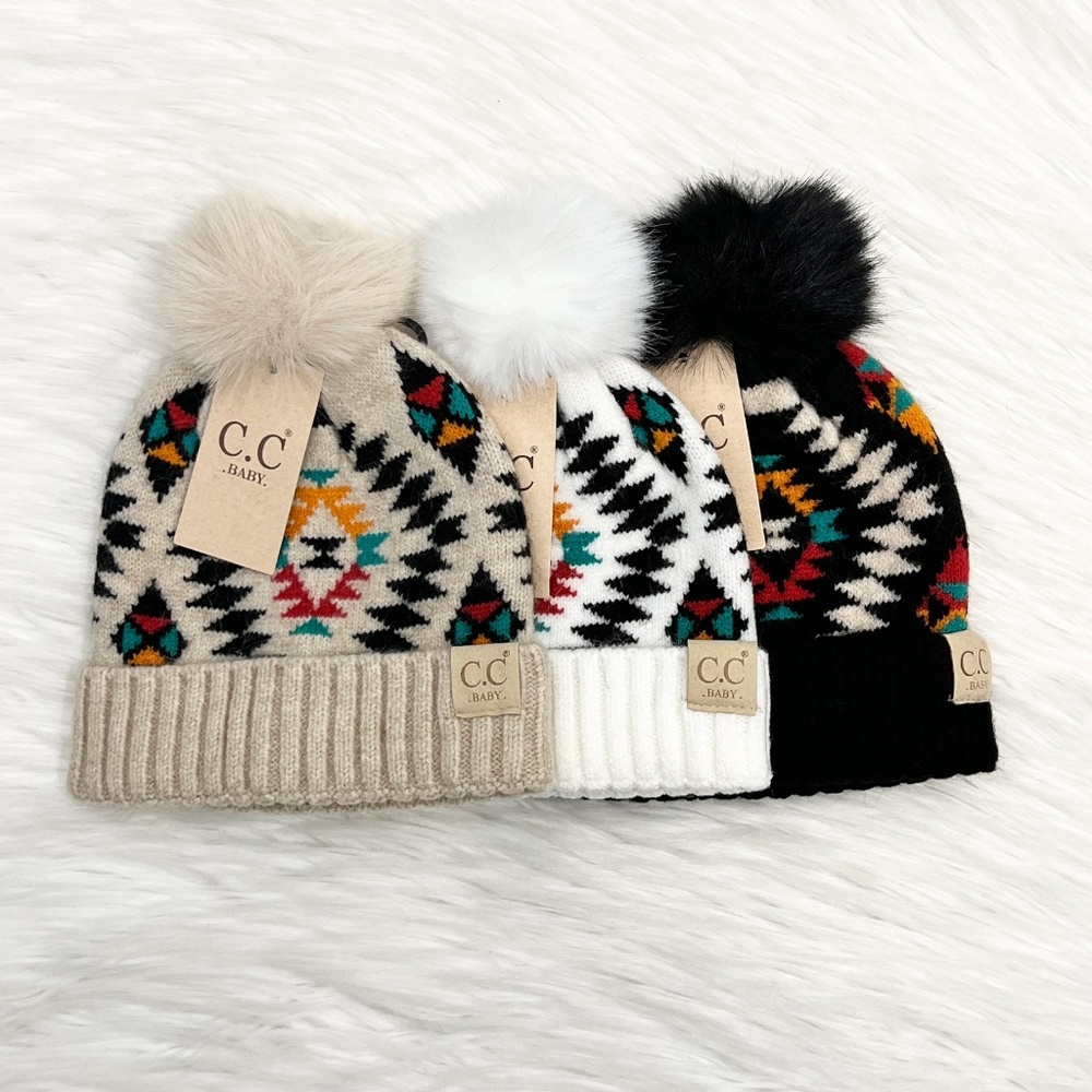 Baby C.C Aztec Pattern Pom Beanie, Winter Hats, Premium Hats, New Born Baby Hats